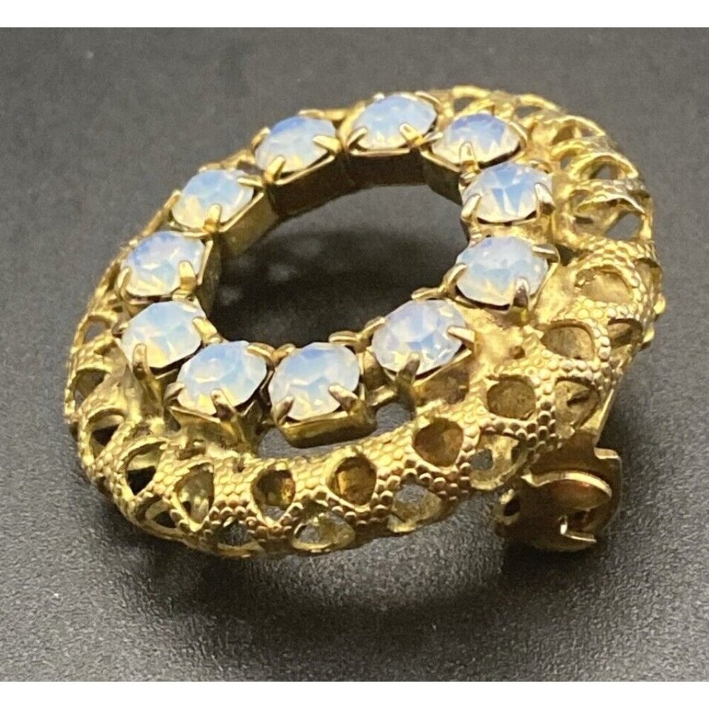 Vintage Brooch Pin Opaline Glass Circle Yellow Gold Plated  Rhinestone Art Deco